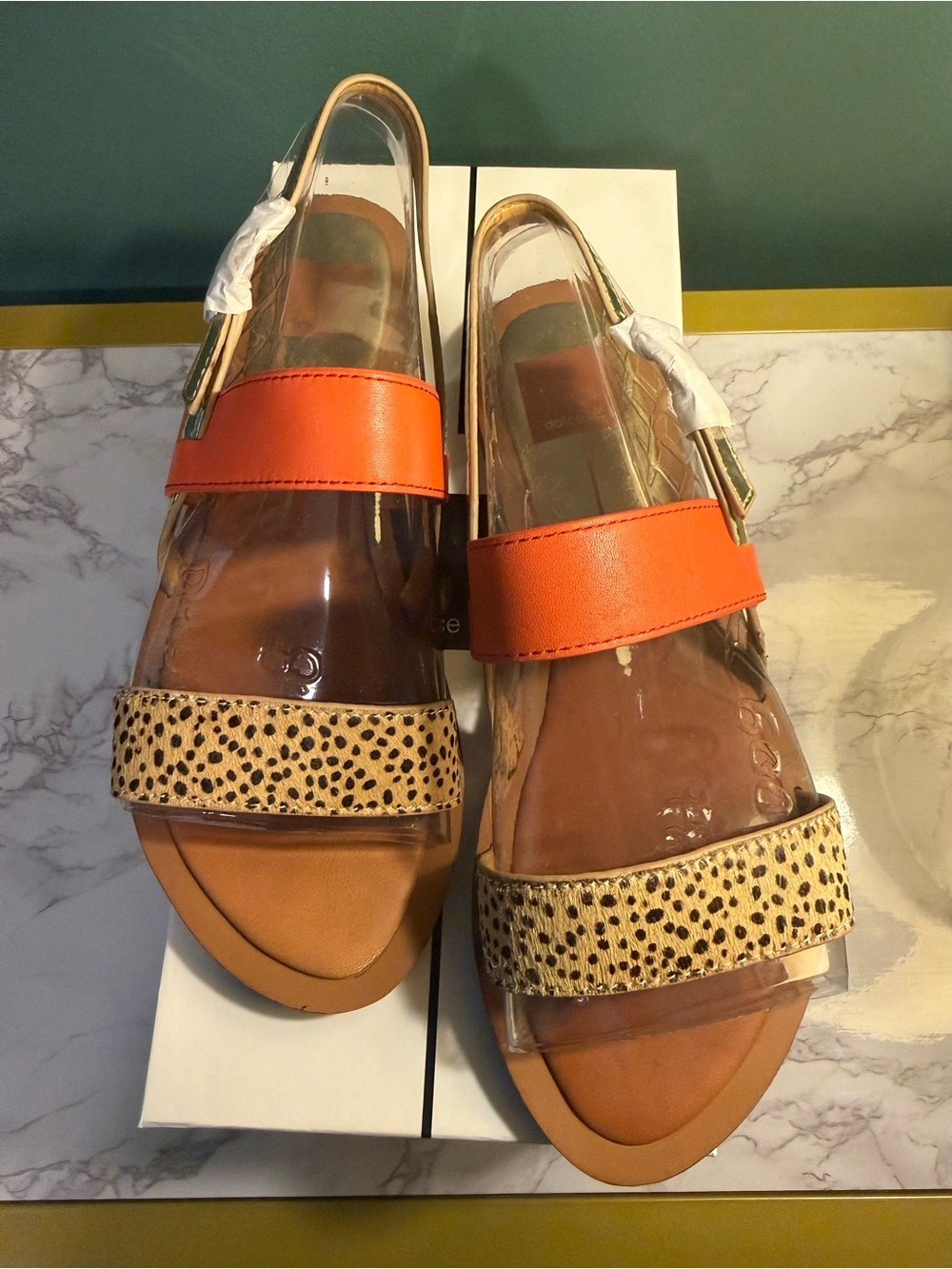 Dolce Vita NIB Fabrica Coral Leather Sandals with Leopard-Print and Silver Strap